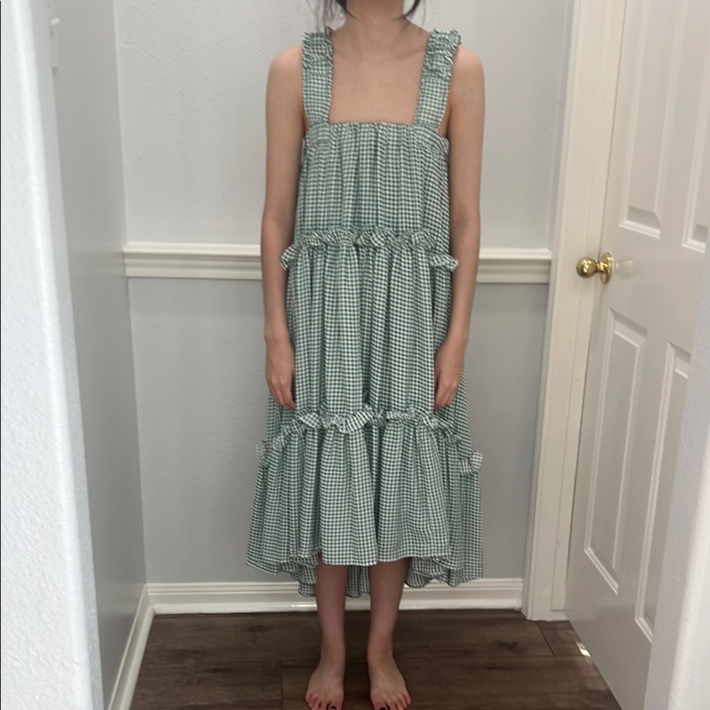 MABLE Green‎ Gingham tiered ruffle Sleeveless Dress S - Picture 4 of 13
